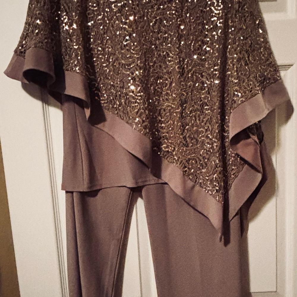 R & M Richards Taupe Sequin Layered Pantsuit